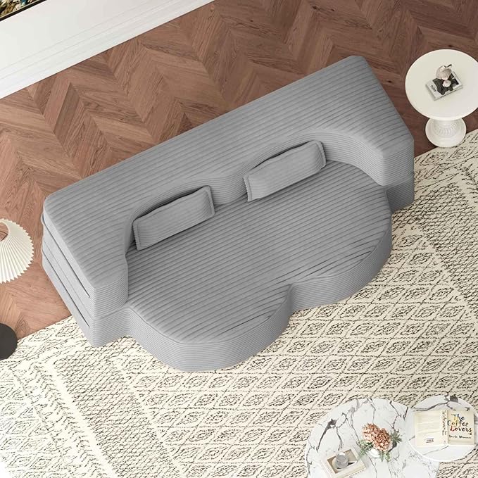 Modern 2-in-1 Convertible Sofa Bed 78 Full Size Corduroy Floor Sofa with 2 Pillows Folding Mattress Sleeper for Living Room &amp Guest Room No Assembly Required