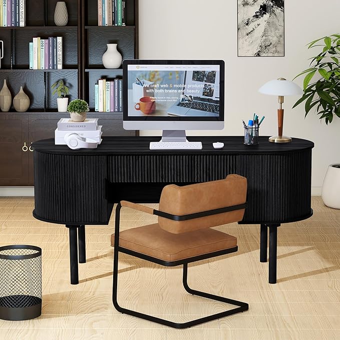 ORRD Home Office Oval Desk with Sliding Tambour Door and Drawer Modern Fluted Wood Executive Computer Storage Desk for Study Living Room Bedroom Office - Black