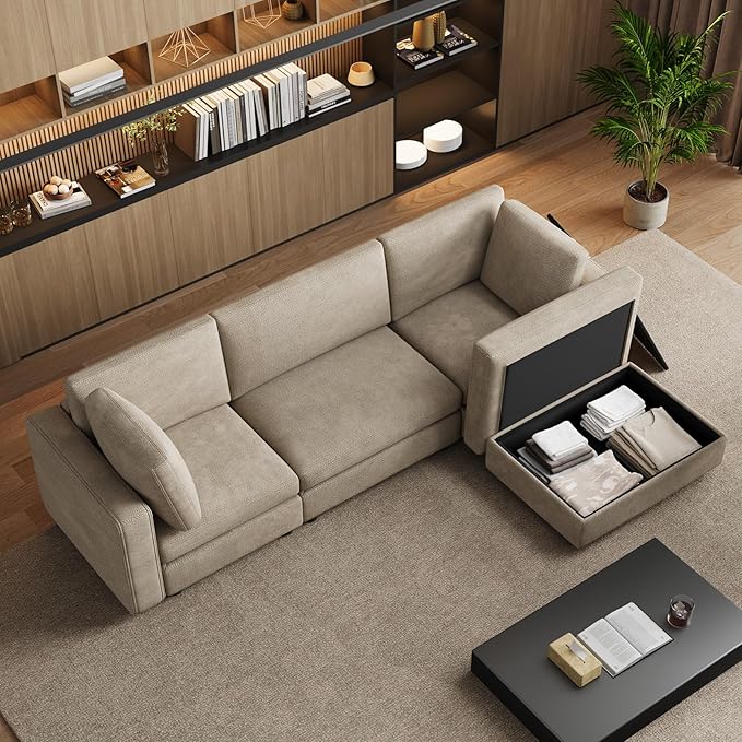 OUYESSIR 114 Oversized Modular Sectional Sofa L Shaped Sectional Couches for Living Room 4 Seat Modular Sofa with Storage Ottoman &amp Removable Cover Light Brown