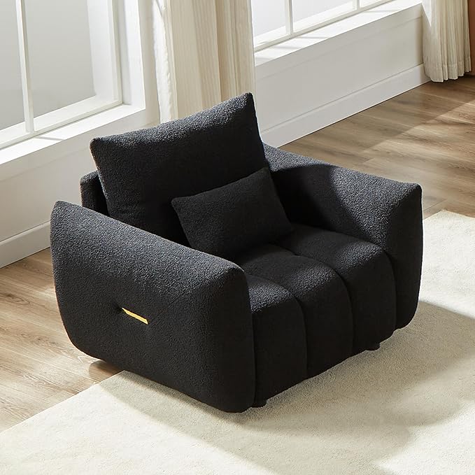 39.7''Teddy Fabric Sofa Modern Lounge Chair Upholstered with One Pillow for Apartment Office Living Room and Bedroom (Black#086)