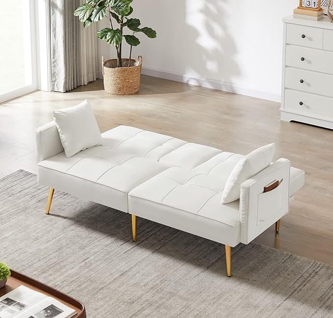 Futon Sofa Bed Modern Linen Fabric Couch Bed Loveseat Convertible Daybed with 2 Cup Holders and Removable Armrests for for Compact Living Space Apartment Dorm Office (18white)