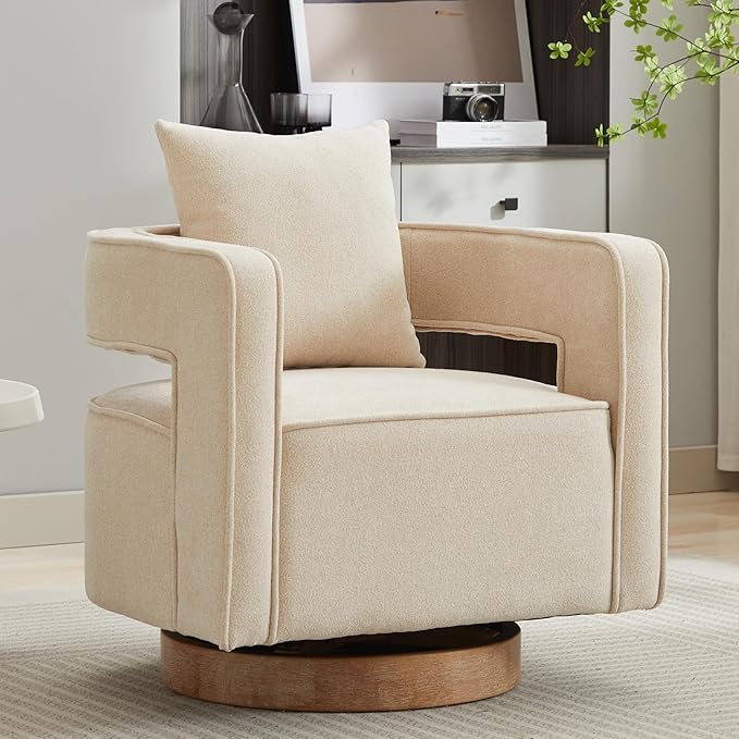 Chifee &amp Vingol 29.1 Linen Modern Swivel Accent Barrel Chair with Solid Wood BaseBeige