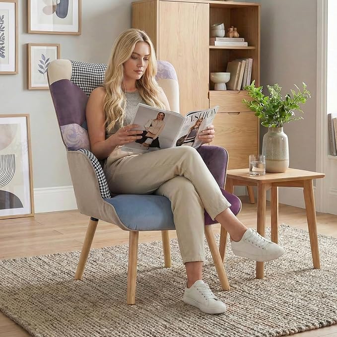 Joysoul Living Room Accent Chair Modern High Back Arm Chair Houndstooth Pattern Bohemian Style Chairs for Bedroom Waiting Room (Purple Plaid)