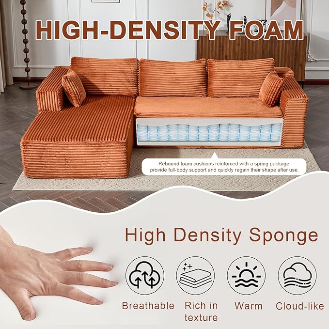 110 Modular Sectional Sofa with L-Shape Chaise Boneless Cloud Couch with Deep Seat Sponge Compression Sofas No Assembly Required Upholstered Couches for Living Room Bedroom Corduroy (Brown)
