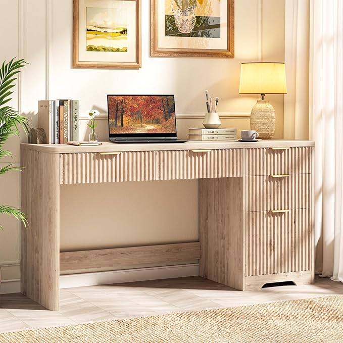 59 Fluted Executive Desk with Adjustable File Drawer Workstation Computer Desk with 4 Storage Drawers for Home Office