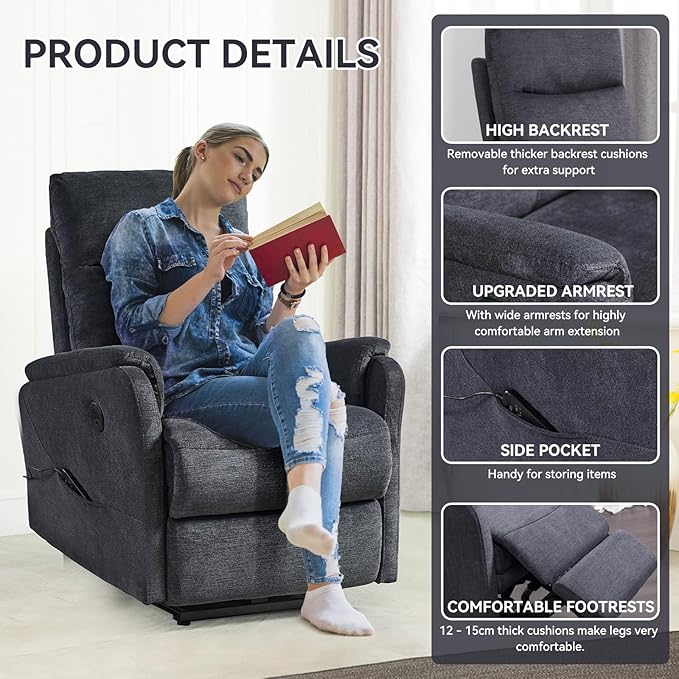 Electric Power Recliner Chair with USB PortFabric Single Sofa Seat Chair Home Theater Seating with Recliner FunctionErgonomic Lounge Chair (Bluish Grey-Massage Compact Design)