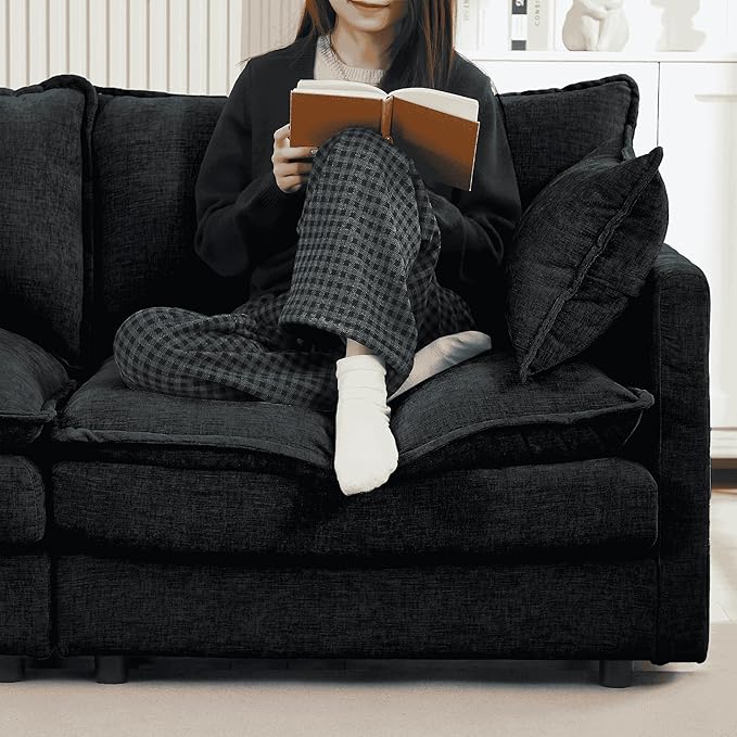 Homy Casa 102 Inch L Shaped Couch Set3-Seat Sectional Sofa with Chaise Comfortable Chenille Fabric Removable Cushions Ottoman DIY CombinationModern Design for Living/Family Room (Black)