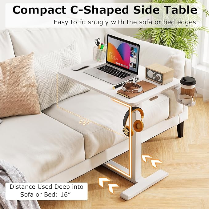 Tangkula Mobile Standing Desk Pneumatic Height Adjustable Rolling Desk with Cup Holder &amp Headphone Hook Overbed Table with Hidden Wheels Laptop Computer Cart for Couch Home Office (White)