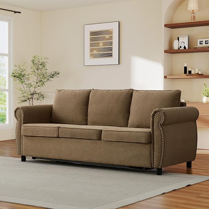 Queen Pull Out Sofa Bed 2-In-1 Pull Out Couch Bed with Memory Foam Mattress &amp Riveted Rolled Armrests 3 Seater Convertible Sleeper Sofa Foldable Couch for Living Room Bedroom Apartment(Brown)