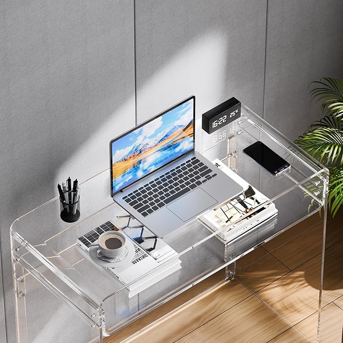 VEVOR Acrylic Desk Clear Laptop Study Desk with Storage Shelf Modern Transparent Console Table for Home Office Living Room Bedroom Entryway 33.5 W x 15.7 D x 29.5 H