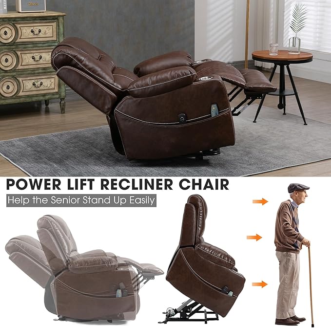 Power Lift Recliner Chair Sofa with Massage and Heat for Big and Tall ElderlyInfinite PositionsSingle MotorCup Holdersand USB PortsFaux Leather Home Theater Seat