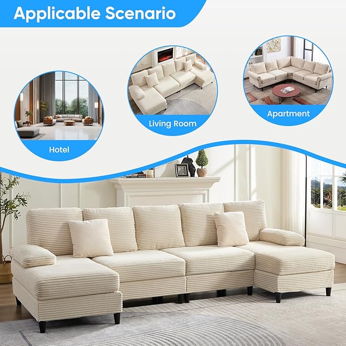 Mjkone 112 Width 4 Seater U Shaped Sofa Couch with Double Chaises Corduroy Sectional Living Room Sofa Couches with Sleepable Armrest Sleeper Sofas Couches Set for Living Room Sets Furniture Beige