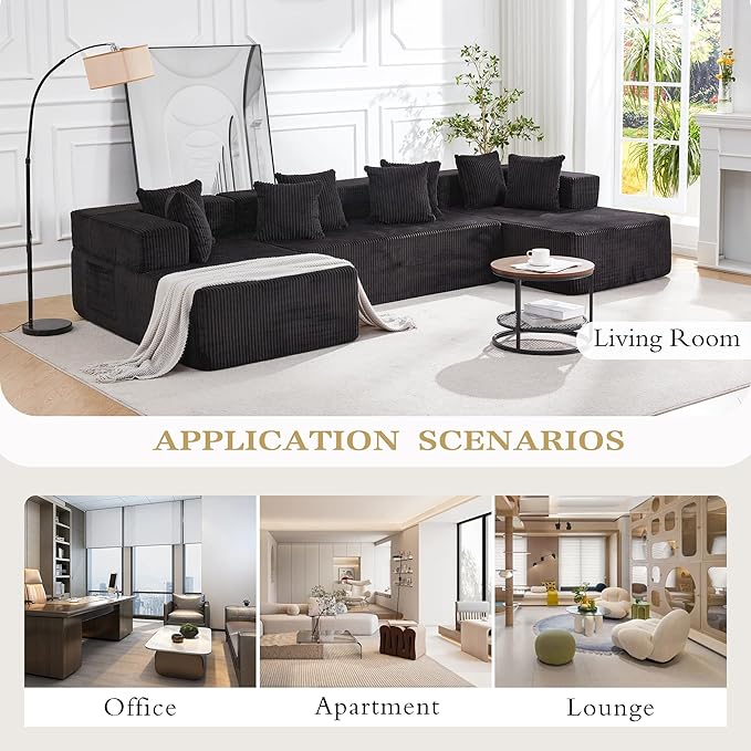 HOMREST 131 Boneless Memory Foam Sofa with Chaise Lounge Comfy Corduroy Deep Seat Modular Sectional Couch Large U-Shaped Floor Sofa for Living Room &amp Apartment No Assembly Required Black