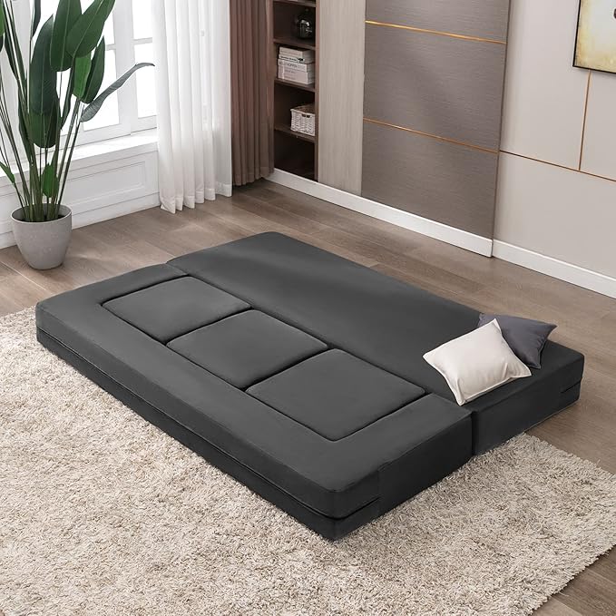 CECER 80 Convertible Floor Sofa BedFolding Sofa Bed with 3 OttomansVelvet Modular Sectional Futon SleeperFoldable Memory Foam Couch for Living Room/Guest Room/Playroom（Dark Grey）
