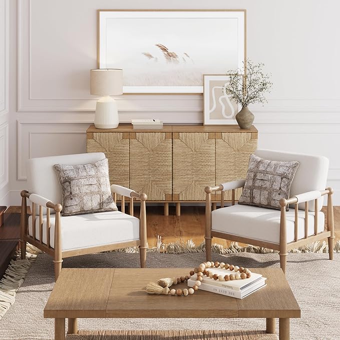 Nathan James Spencer Boucle Accent Chair Bohemian Armchair with Solid Wood Frame and Upholstered Foam Cushion Cream/Light Brown
