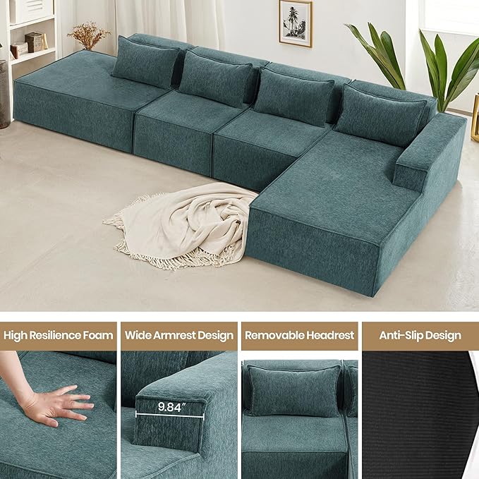 155 Modular Sectional Sofa L-Shaped Cloud Couch with Extra Long Chaise Lounge Oversized Chenille Boneless Sofa Set for Living Room Comfy Floor Seating No Assembly Required