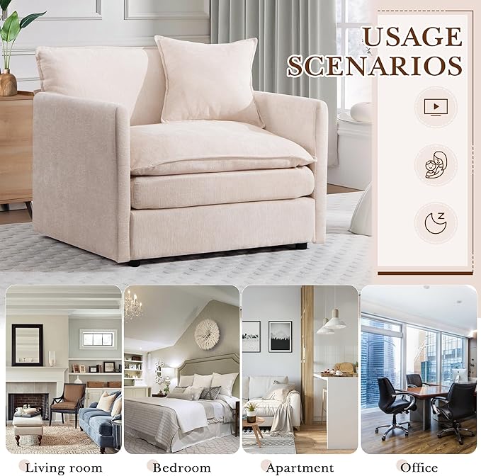 SLEERWAY Single Upholstered Oversized Chair Modern Comfy Living Room Chair Chenille Large Cloud Couch Accent Chair Lounge Chair Indoor and A Half for Bedroom Office Apartment Beige