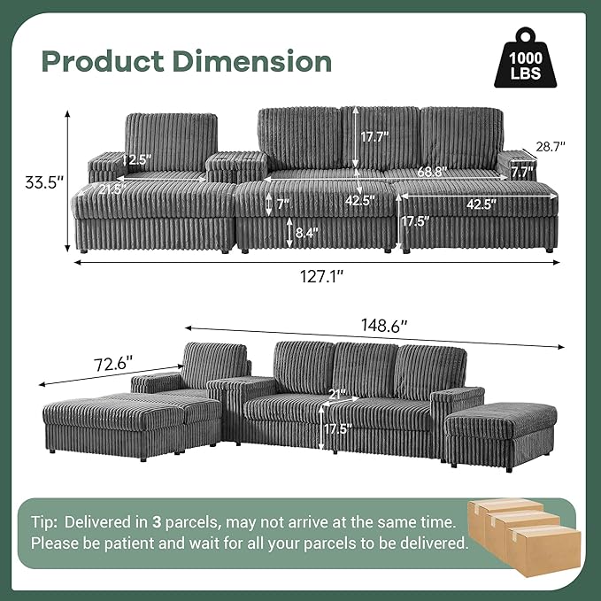 127 Modular L Shaped Sofa Couch Modern Comfy Corduroy Couch Convertible Sectional Sofa Set with 3 Ottomans Chaise Armrest Storage Cup Holder Home Sofa Living Room Free Combination (Grey)