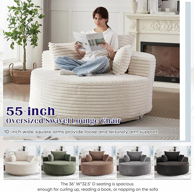 360-Degree Oversized Swivel Chair Modern Round Circle Corduroy Comfy Deep Seat Swivel Accent Chaise Lounge Sofa Chair with Back Cushion &amp 2 Throw Pillows for Living Room Bedroom Office Beige