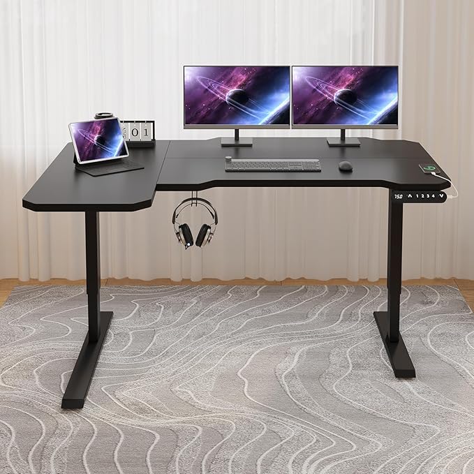 Electric Height Adjustable Standing Desk 59 L-Shaped Sit - Stand Desk for Work or Home Office Push Button Memory Settings Black Splice Board/Black Frame