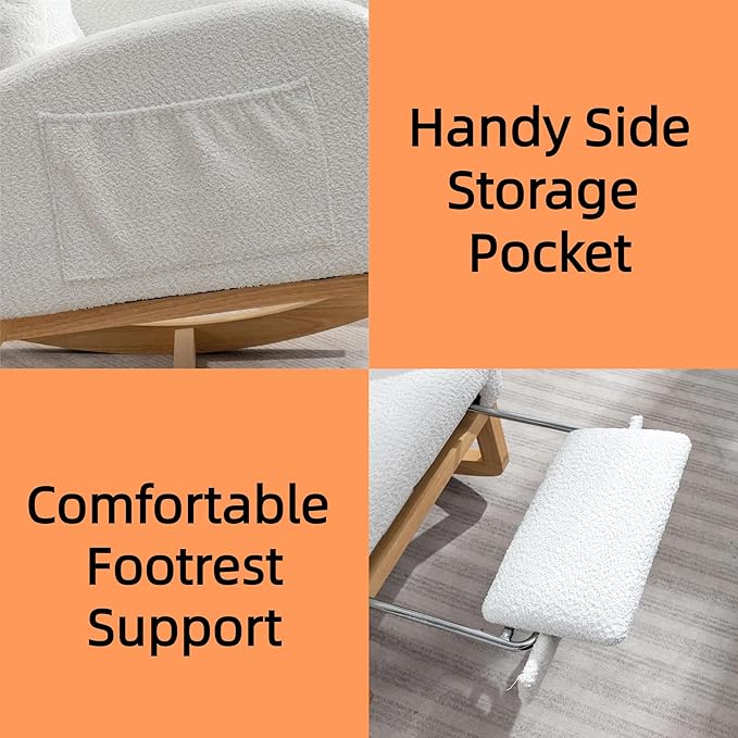 Modern Nursery Rocking Chair with Footrest High-Back Reading Chair Versatile Accent Lounge Chair with Storage Pocket Upholstered Glider for Bedroom Living Room