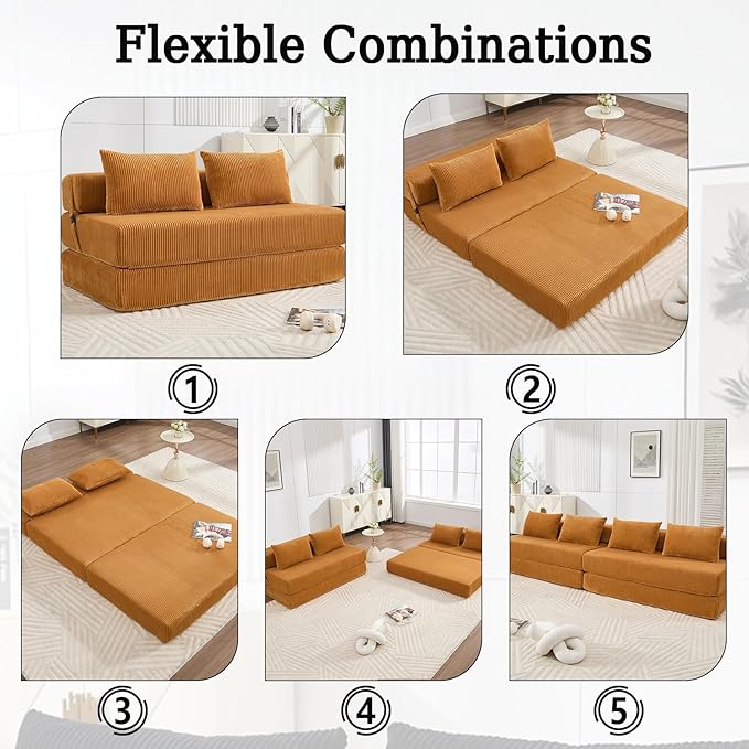55 Convertible Folding Sofa Bed with 2 Pillows Corduroy Foldable Sleeper Sofa for Adult Floor Couch Bed for Living Room Bedroom No Assembly(Yellow)