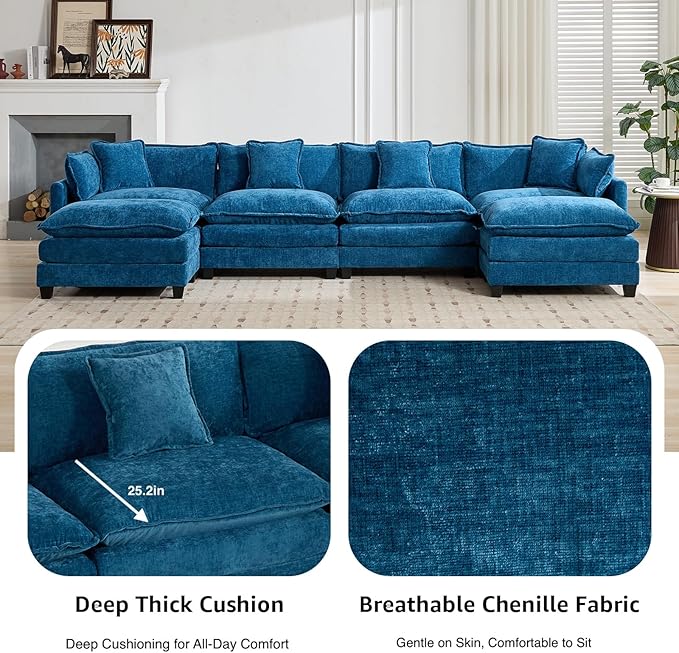 113.8 Modern Sectional Couches for Living Room Blue Chenille Comfy Cloud Couch Sectional 3 Seater Couch for Living Room with 2 Ottoman Sofas para Sala U Shaped Sofas &amp Couches (Blue 3+2 Set)