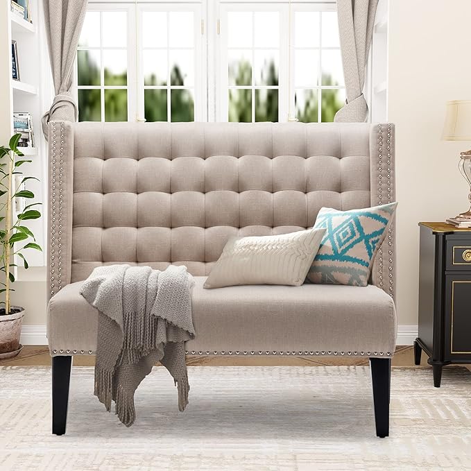 Tongli 46 Small Modern Loveseat Settee Sofa 2-Seat Sofa Couch Tufted Love Seat Dining Bench with Nail Head Trim Back Banquette Sofas for Living Room Small Space Entryway Hallway Khaki