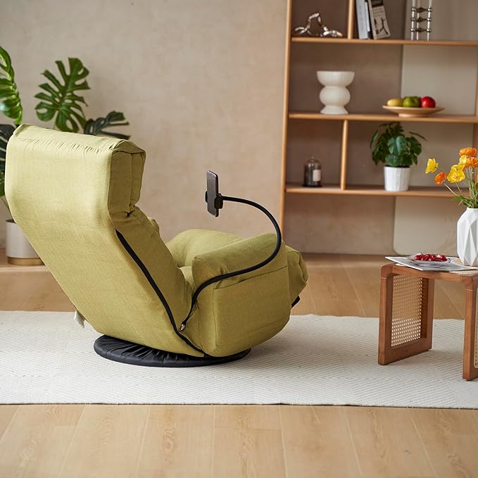 KEIKI Upholstered Sofa Chair with Phone Holder Adjustable Reclining Swivel Armchair with 5-Angle Lounge Backrest &amp Rotating Base Single Chair for Living Room Green