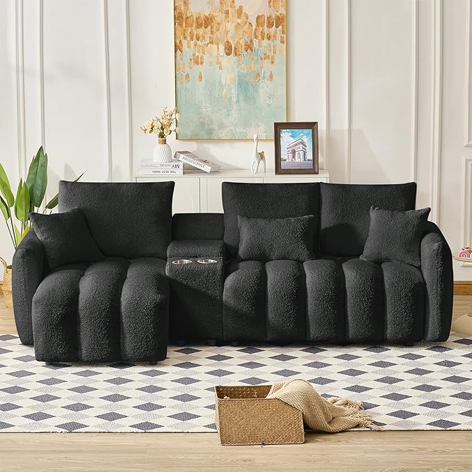 L Shaped Couch with Console 3 Seater Oversized Modern Sectional Modular Teddy Cloud Fluffy Comfy Sofa Couch with Storage &amp USB Charging Ports &amp Cup Holders for Living Room Office Apartment B