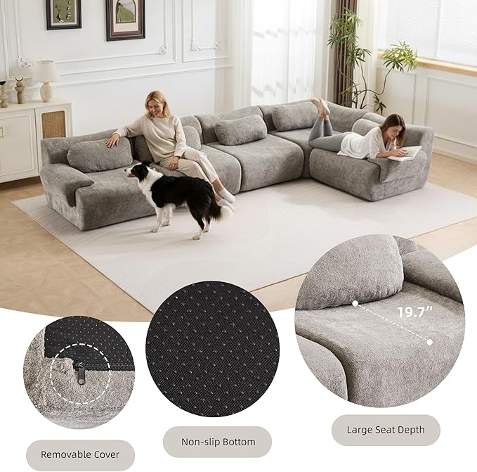 148.2 Boneless Couches for Living Room Cloud Modular Sectional Sofa in a Box Memory Foam Modern Couch Big Comfy Compressed Sofas L Shaped Couch with Corner Bedroom Apartment Light Grey