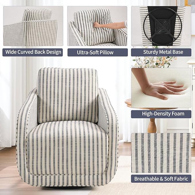 Swivel Barrel Accent Chair Set of 2 360 Degree Comfy Swivel Reading Chair with Removable Back Modern Sofa Chair with Oversize Base for Living Room Bedroom Office(Blue Stripe)