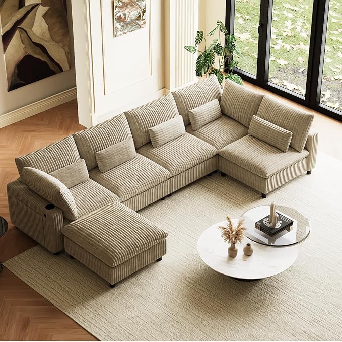 130 Oversized Cloud Couch Large Modular Sectional Sofa Modern U Shaped Sectional Couch 6 Deep Seat Sofa Set for Living Room Comfy Corduroy Cloud Sofa with Ottoman USB Port Cup Holder Light Brown