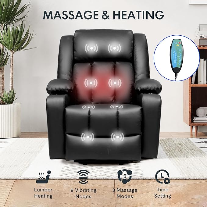 FLEXISPOT XL31 Power Lift Recliner Chair for Elderly Electric Lift Chair with Massage &amp Heat PU Leather Reclining Sofa w/Cup Holders Side Pockets for Living Room Bedroom(Medium SizeBlack)