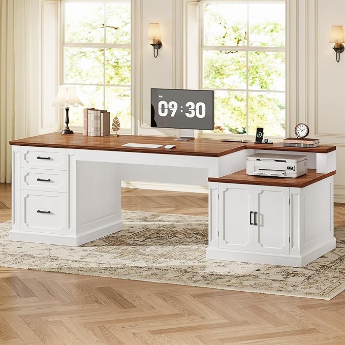 SEDETA 70.9 Executive Desk Farmhouse Office Desk with Drawers and Storage Cabinet Power Outlet Computer Deskfor Home Office Work Study Writing White