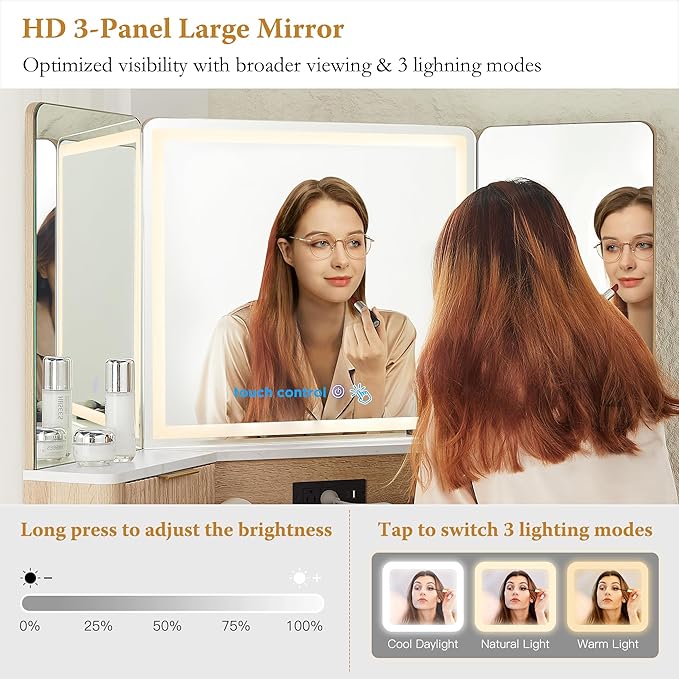 T4TREAM 48 Fluted Makeup Vanity Desk with HD Triple Mirror and Lights Large Lighted Corner Vanity with Glass Top Modern Dressing Table with 3 Drawers &amp 2 Cabinets for Bedroom Natural Oak