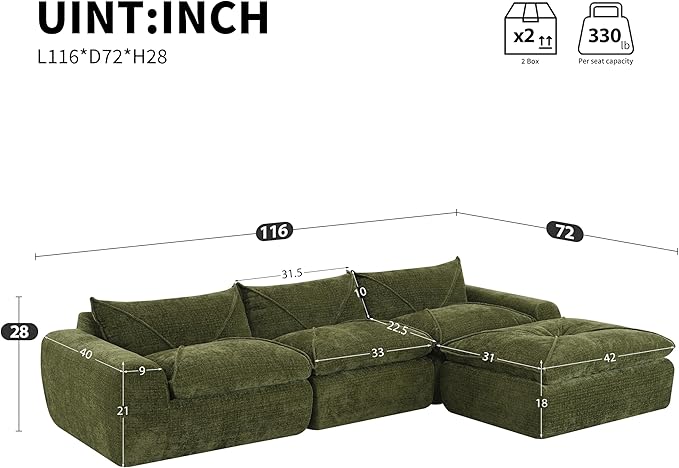 116'' Oversized Modular Sofa Fully Compressed 4 Seat Spacious Foam-Filled Sofa Bed for Living Room Free Combination Friendly Design L-Shaped Comfy Couches No Assembly Required (Green-QJ88)