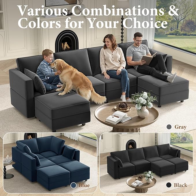 Vesgantti Sectional Couches with Storage Seats 118 L Shaped Convertible Modular Sectional Sofa 4 Seat &amp 2 Ottomans Velvet Storage Chaises Deep Seat Couch for Living Room Bedroom Apartment Gr
