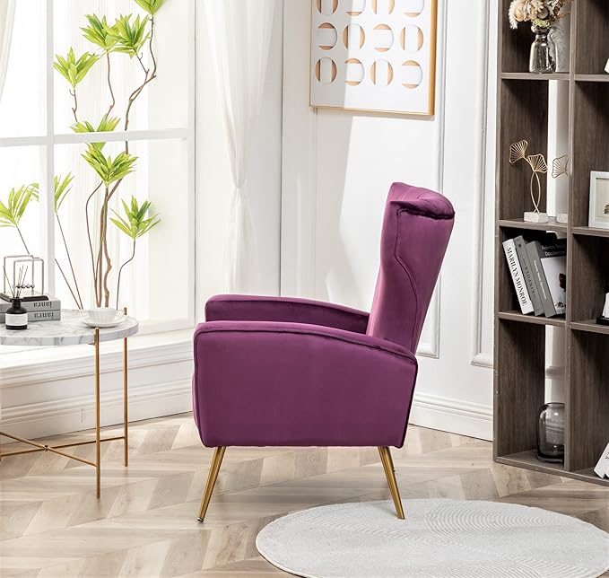 Modern Velvet Accent Chair Channel Tufted Bedroom Office or Living Room Furniture with Elegant Metal Legs 26 Wide Armchair Purple