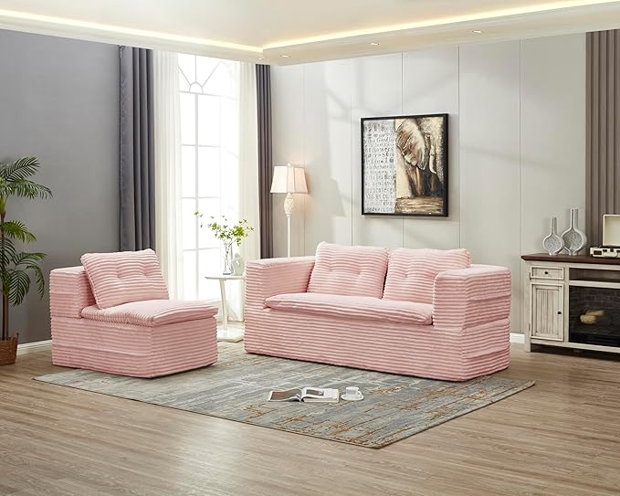 2 Pieces Sofa and Loveseat Set 80'' King Size Folding Sofa Bed with Chaise Lounge 2-in-1 Convertible Floor Sofa Bed Corduroy Boneless Couch Memory Foam Couches for Living Room Pink