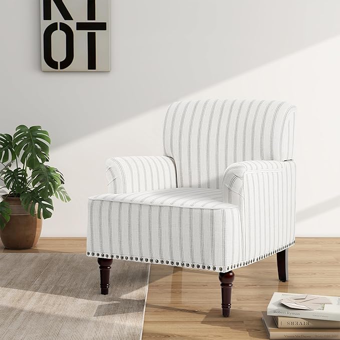 Accent Chair Mid Century Modern Comfy Armchair for Living Room Linen Fabric Single Sofa Lounge for Reading Bedroom Apartment Waiting Room with Wood Legs (Pinstripe Grey Set of 2)