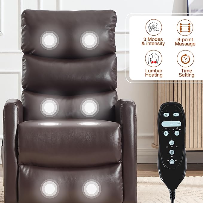 Luxlen Manual Swivel Rocker Recliner Chair with Massage Overstuffed Recliner Glider with Vibration Massage and Heat for Nursery Living Room Reclining Sofa Chair PU Leather Dark Brown