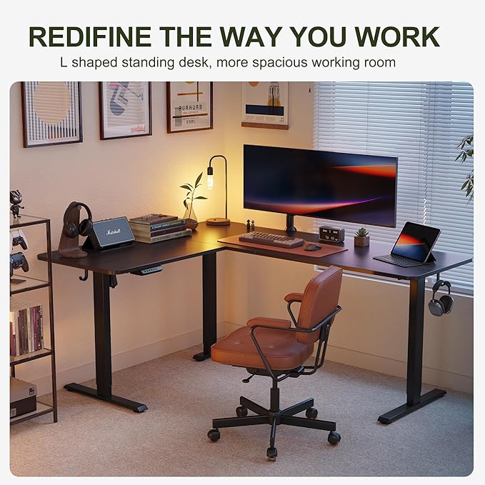 BANTI L-Shaped Standing Desk - 63 x 55 Inch Adjustable Corner Standing Desk with Charging Station - L Shape Sit Stand Table with Memory Controller Splice Board for Home Office Black