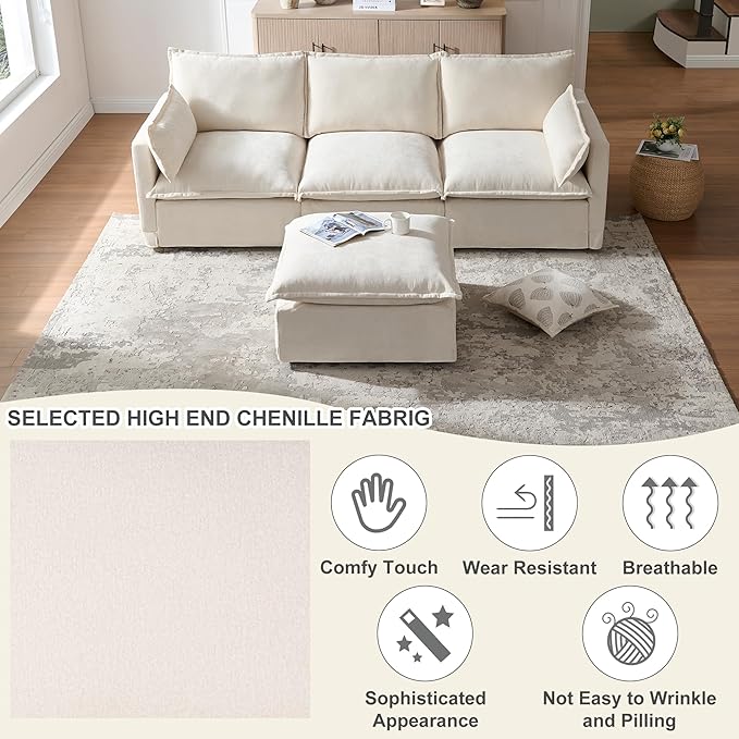 93'' Cloud Modular Sectional Couch with Convertible Removable Ottoman Oversized L Shape Sofa Deep Seat Sofa with Throw Pillows for Living Room Bedroom Apartment (Beige)