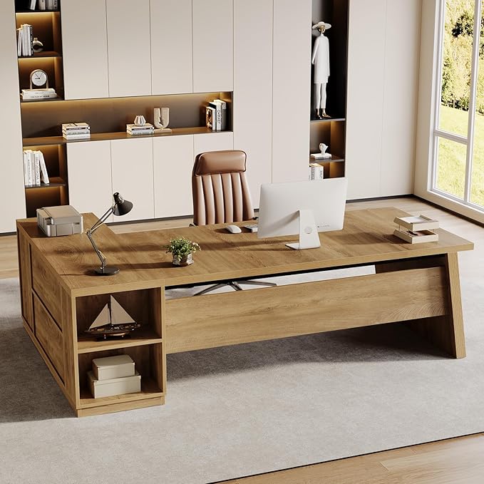 Tribesigns 77.9-inch Executive Desk with 2 Drawers Large L Shaped Computer Desk with Storage Cabinet and Shelves Business Furniture Workstation for Home Office (Light Brown)