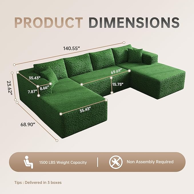 140 U-Shaped Modular Sectional Sofa for Living Room3 Seater Cloud Sectional Couch with Chaise LoungeDeep Seat with PillowsNo Assembly Required (Green)