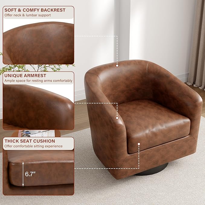 Lumibee Faux Leather Swivel Barrel Chairs Set of 2 Upholstered Comfy Round Swivel Accent Chair 360° Rotation Single Sofa Club Armchair for Living Room Reading Room Bedroom Coffee