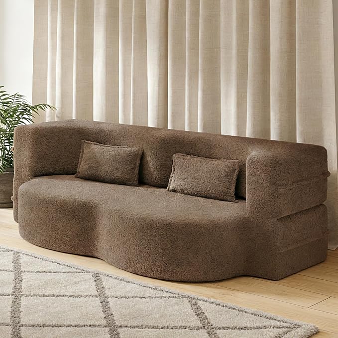 2 in 1 Convertible Compressed Sofa Bed 54'' Modern Boneless Loveseat Sleeper in a Box Floor Mattress Futon Couch No Assembly Needed Space Saving Brown 2 Pillows Full for Small Living Room