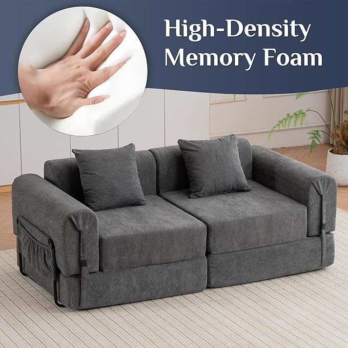 GNIXUU 71.3 Convertible Sleeper Sofa Bed Modern Convertible Boneless Couch with Foldable/Pull Out Bed Compressed Modular Futon Couch with Pillows &amp Storage Pocket for Living Room Bedroom Gray