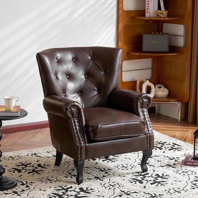 MOJAY PU Leather Accent Chair Mid-Century Modern Armchair Living Room Club Chair with Tufted Button &amp Rivet Trim Upholstered Sofa Chair with Sturdy Wood Legs for Bedroom (Caramel)